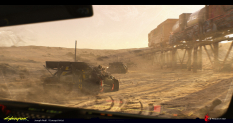 Concept art of Train Chase from the video game Cyberpunk 2077 by Joseph Noël