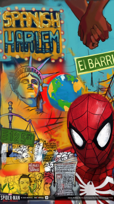 Concept art of Spanish Harlem Spidey Mural from the video game Spider Man Miles Morales