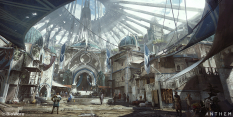 Concept art of Fort Tarsis Courtyard from the video game Anthem by Ken Fairclough