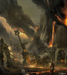 Concept art of Muspelheim Arena Ascent from the video game God Of War by Abe Taraky