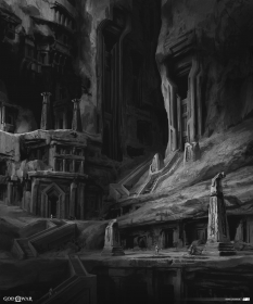 Concept art of The Mountain Middle Chimney from the video game God Of War by Mark Castanon