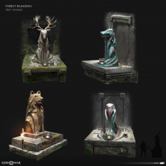 Concept art of Forest Dungeon Altar Concepts from the video game God Of War by Jin Kim