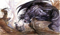Behemoth Vs Light Warrior concept art from Final Fantasy by Yoshitaka Amano