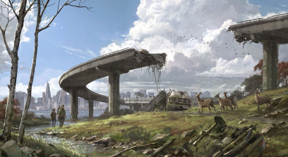 Concept art of a broken bridge for The Last of Us