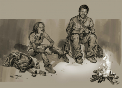 Concept art of Joel and Ellie sitting around a campfire for The Last of Us by Hyoung Taek Nam