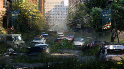 Concept art of overgrown cars in the streets for The Last of Us by Maciej Kuciara