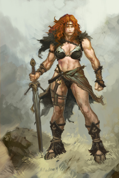 Concept art of a female barbarian for Diablo III