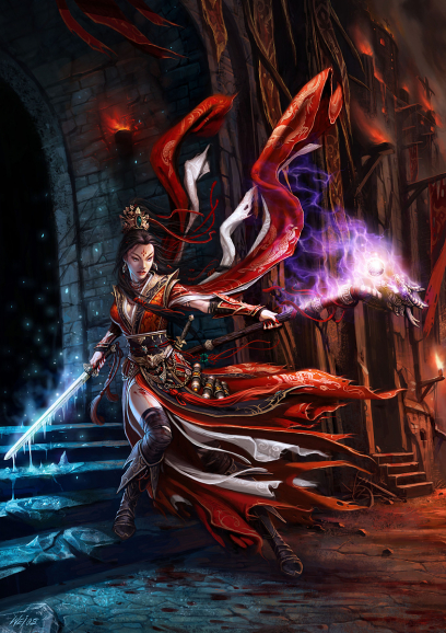 Concept art of a female wizard for Diablo III by Wei Wang