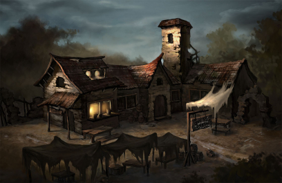 Dilapidated tavern concept art for Diablo III