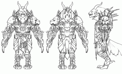 Concept art of charr armor sketches for Guild Wars 2