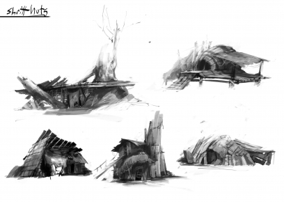 Concept art of skritt huts for Guild Wars 2 by Richard Anderson