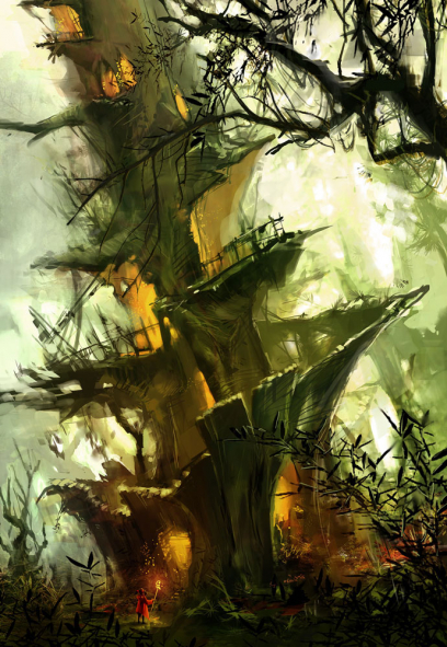 Concept art of sylvari tree house for Guild Wars 2 by HORiA DOCiU