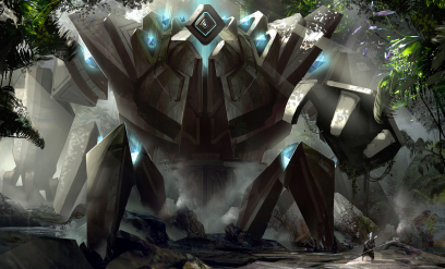 Concept art of giant golem for Guild Wars 2 by Levi Hopkins