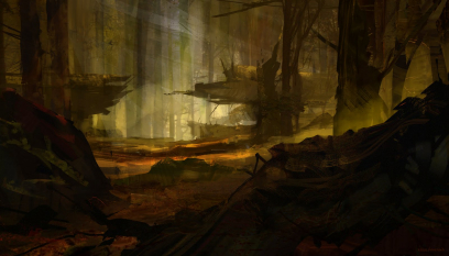 Concept art of muggy woods for Guild Wars 2 by Neal Hanson