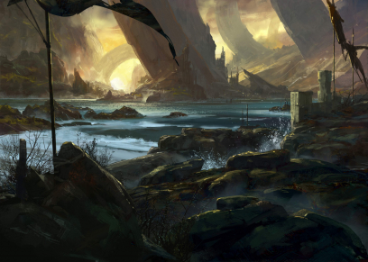 Concept art of orr sunset for Guild Wars 2 by Neal Hanson