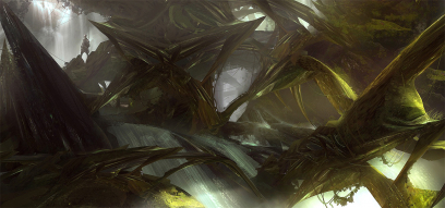 Concept art of root falls for Guild Wars 2 by Levi Hopkins