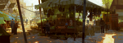 Concept art of the commoner's market for Guild Wars 2 by Thomas Scholes