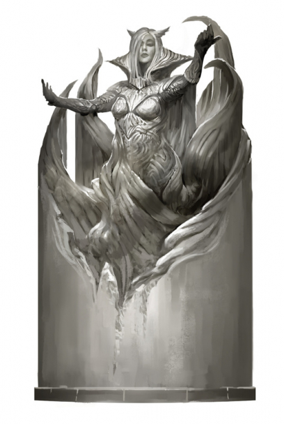 Concept art of statue for Guild Wars 2 by Kekai Kotaki