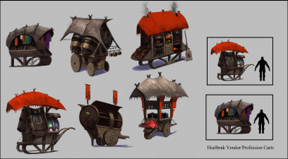 Concept art of norn carts and crafter stations for Guild Wars 2 by Brian Lawver