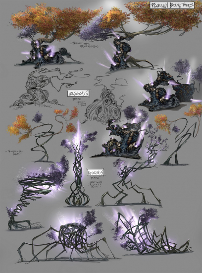 Concept art of regrown gullet brand trees for Guild Wars 2 by Levi Hopkins