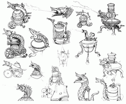 Concept art of machine sketches for Guild Wars 2