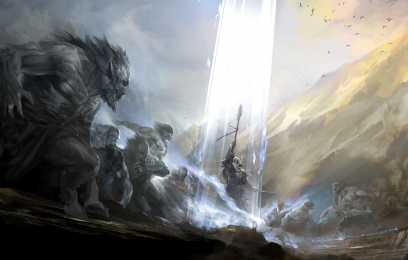 Concept art of battle scene for Guild Wars 2 by Kekai Kotaki