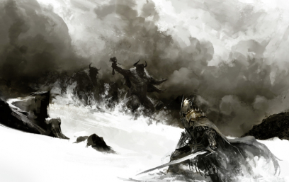 Concept art of snow battle for Guild Wars 2 by Kekai Kotaki