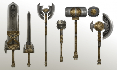 Concept art of weapon concepts for Guild Wars 2 by Kekai Kotaki