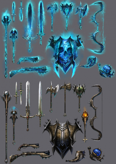 Concept art of ghastly weapons for Guild Wars 2 by Brian Lawver