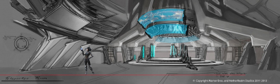 Concept art of Hall of Justice Teleporter Room Injustice: Gods Among Us by Justin Murray