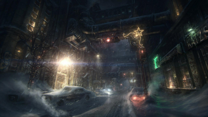 Concept art of a snowy Street from Batman: Arkham Origins