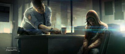 Concept art of a police officer giving Jodie a hot beverage from Beyond: Two Souls by Francois Baranger
