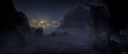 Hiding in the Midst of Enemy Ships at Night - concept art from Assassin's Creed III by Khai Nguyen