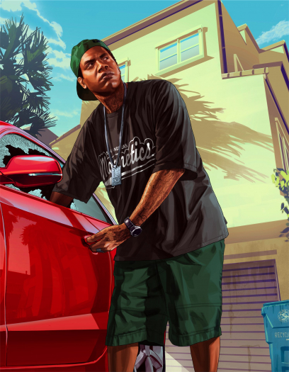 Concept art of Lamar stealing a car from Grand Theft Auto V