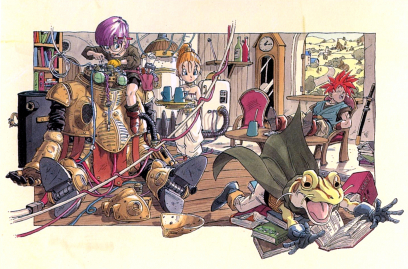 Concept art of Crono, Frog, Marle and Lucca just hanging around from Chrono Trigger by Akira Toriyama