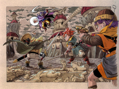 Concept art of Crono, Frog, Lucca fighting Magus from Chrono Trigger by Akira Toriyama