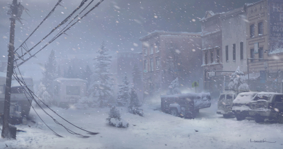 Concept art of a town whiteout from The Last of Us by Aaron Limonick