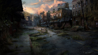 Concept art of a village street from The Last of Us by Aaron Limonick