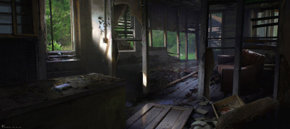 Concept art of a ruined house from The Last of Us by Maciej Kuciara