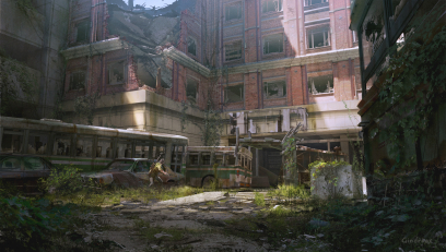 Concept art of a city from The Last of Us by Nick Gindraux