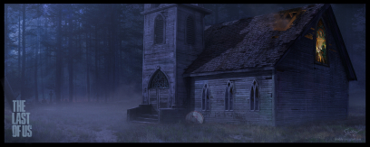 Concept art of a forest church from The Last of Us by Shaddy Safadi