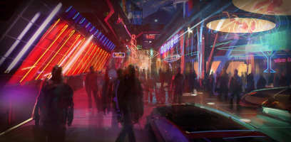 Concept art of a city street from Mass Effect 2