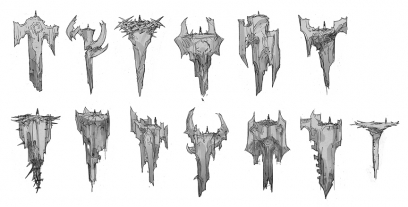 Concept art of looming rock from Darksiders by Paul Richards