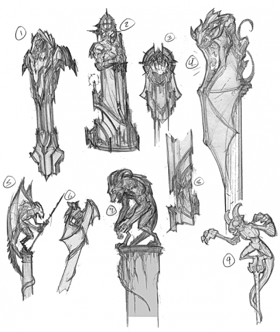 Concept art of statues from Darksiders by Paul Richards