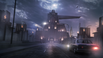 Concept art of driving at night from Wolfenstein: The New Order