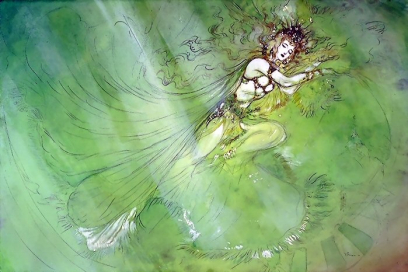 Embrace In Green concept art from Final Fantasy V by Yoshitaka Amano