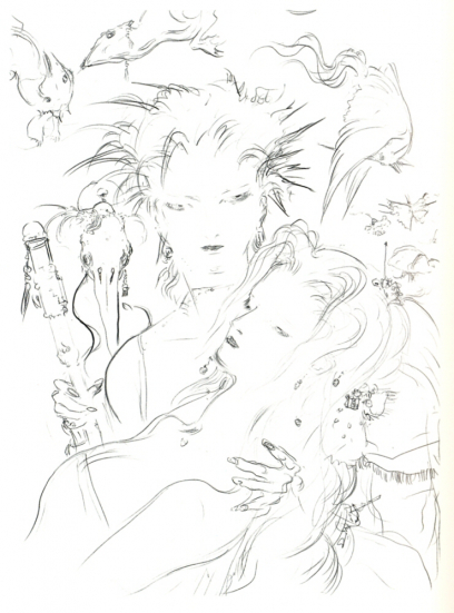 Embrace Sketch concept art from Final Fantasy VII by Yoshitaka Amano