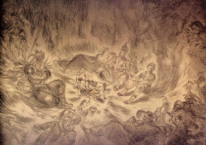 Fireside Recollection concept art from Final Fantasy X by Yoshitaka Amano