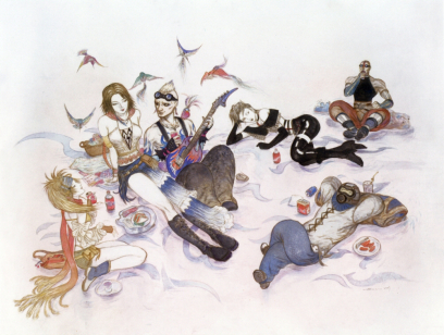 Gullwings Picnic concept art from Final Fantasy X-2 by Yoshitaka Amano