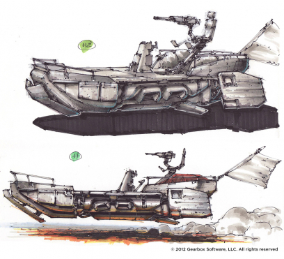 Skiff Ideation concept art from Borderlands 2 by Lorin Wood